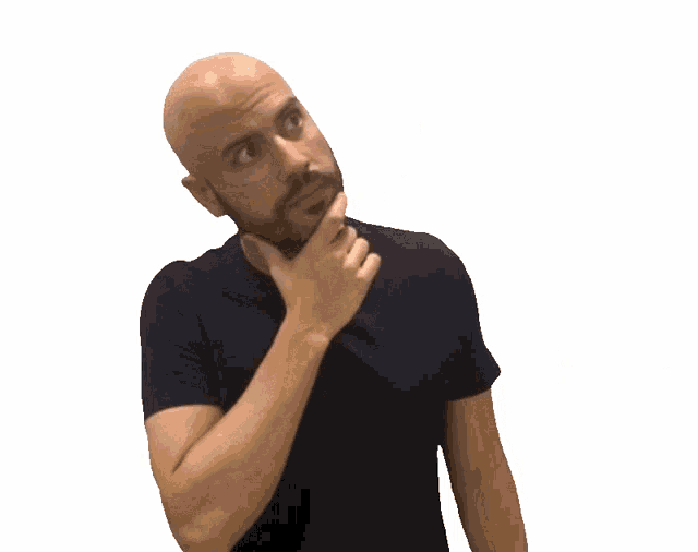 a bald man with a beard is shrugging his shoulders in a black shirt