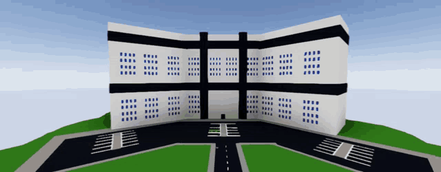 a computer generated image of a building with blue squares on the windows