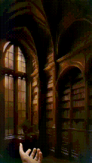 a person 's hand is reaching out in front of a library with the word wow written on it