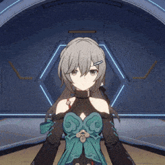 a girl with gray hair and a green dress is standing in a room