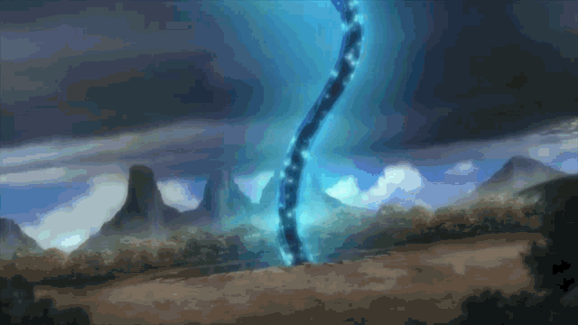 a painting of a landscape with mountains and a blue lightning bolt