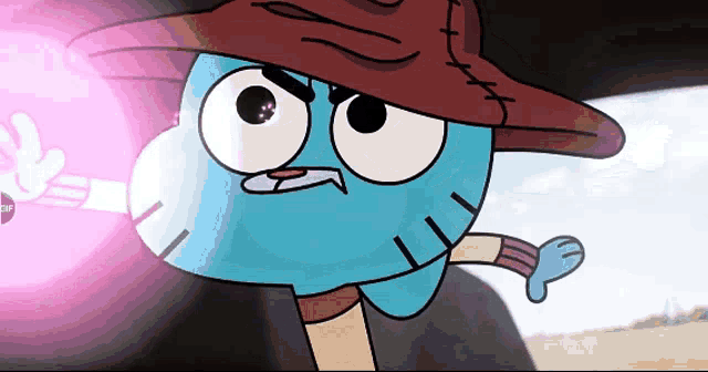 a cartoon character is wearing a hat and holding a pink object