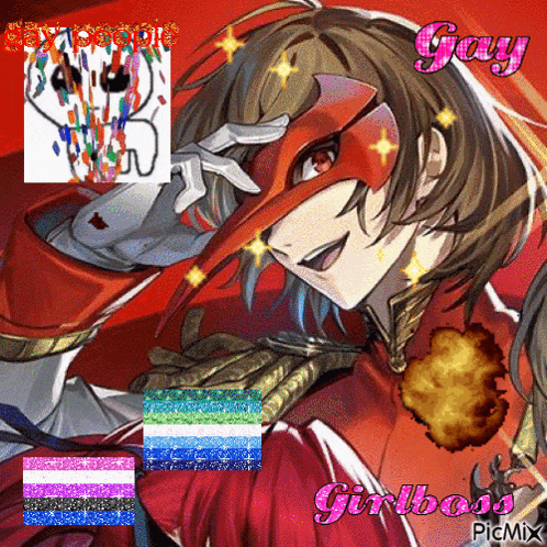 a picture of a girl wearing a red mask with the words gay girl boss written on it