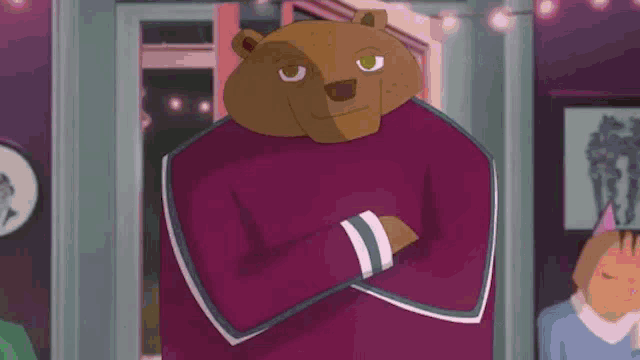 a cartoon bear is standing with his arms crossed and wearing a maroon sweater .