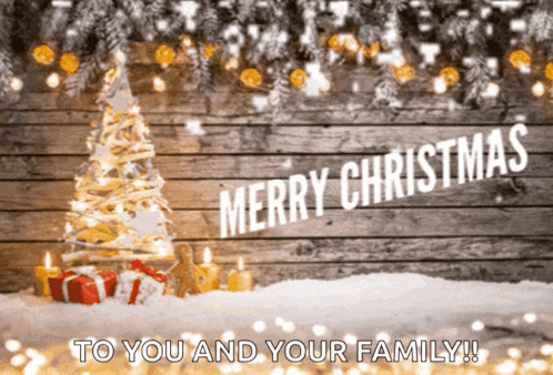 a merry christmas card with a christmas tree and presents