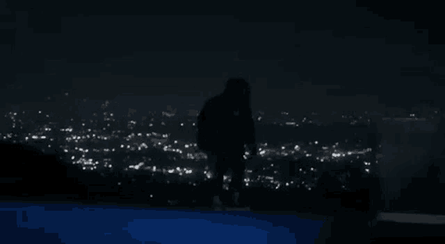 a man is standing on top of a swimming pool at night looking at the city lights .
