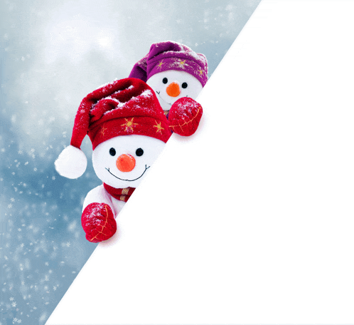 two snowmen wearing red and purple hats are peeking over a white sign