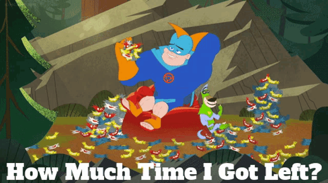 a cartoon of a superhero with the words how much time i got left at the bottom