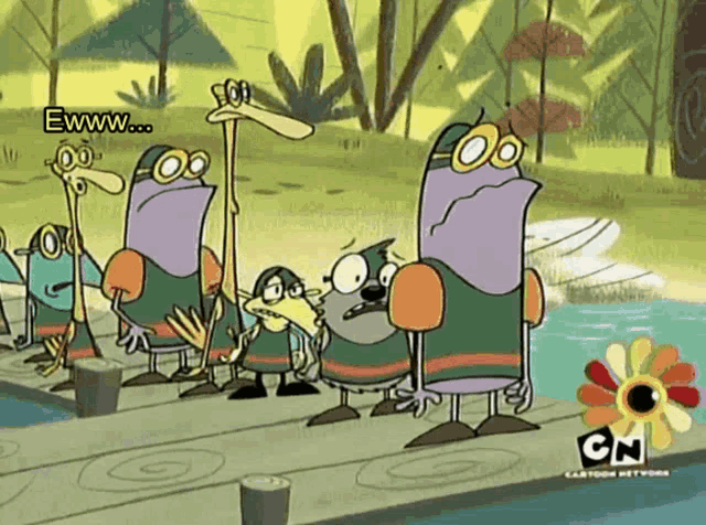 a group of cartoon characters are standing on a dock with cn written on the bottom