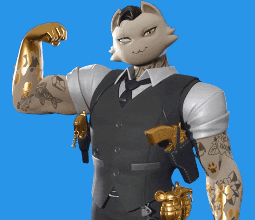 a man with a cat mask on his face is flexing his arm