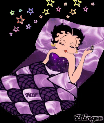 a cartoon of betty boop sleeping in a purple blanket