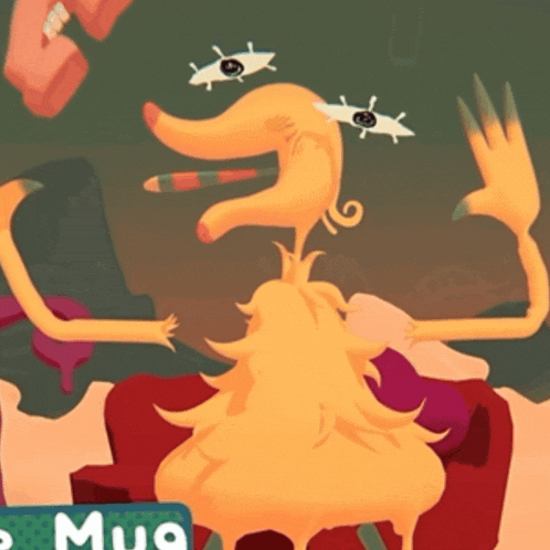 a cartoon drawing of a monster with a green sign that says mug on it