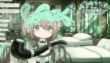 a little girl holding a pipe in front of a screen that says night mare