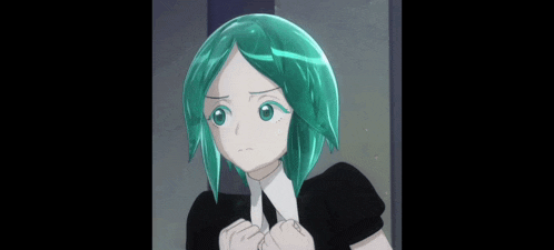 a girl with green hair and blue eyes is wearing a black dress and a white collar .