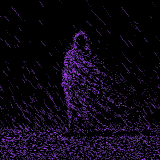 a purple silhouette of a person is surrounded by purple lights in the dark .