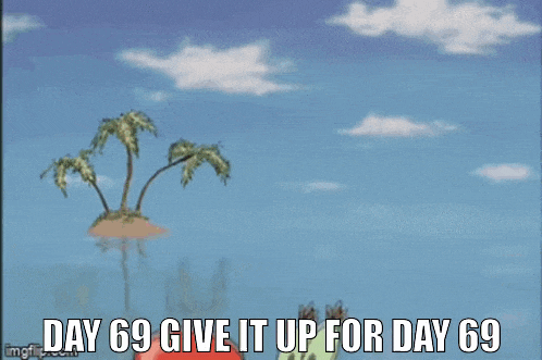 a cartoon of a crab holding a bell that says `` day 69 give it up for day 69 '' .