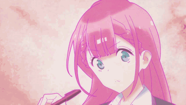 a drawing of a girl with pink hair holding a pen