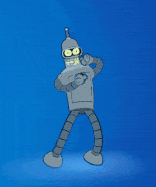 bender from futurama is dancing with his hands in the air