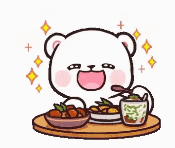 a cartoon bear is sitting at a table eating food and drinking a cup of coffee .