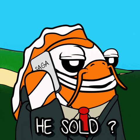 a cartoon of a fish wearing a suit and tie talking on a cell phone with the words he sold written below it