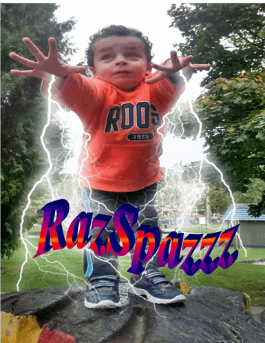 a little boy wearing an orange shirt with the word roos 1973 on it
