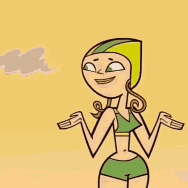 a cartoon girl wearing a green bikini top and green shorts is smiling and shrugging her shoulders .