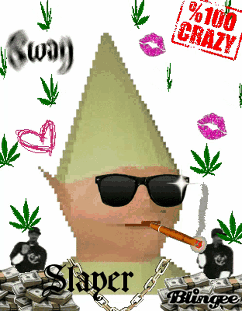 a pixel art of a man smoking a cigarette with the word slayer on his shirt