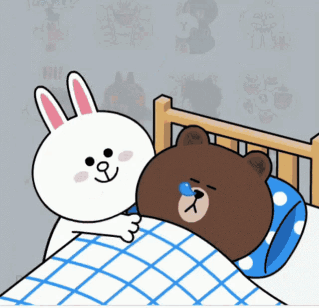 a cartoon of a rabbit and a brown bear laying in a bed