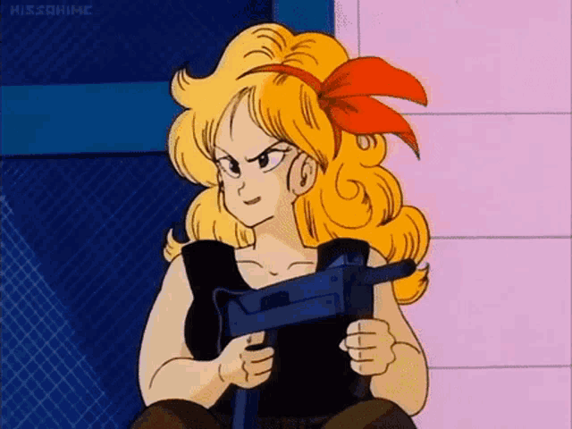 a woman with blonde hair is holding a gun in her hand .