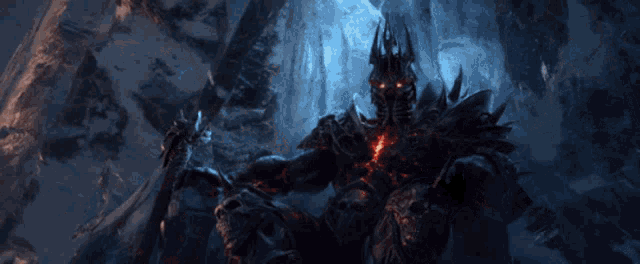 a demon with red eyes is standing in front of mountains