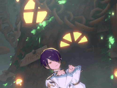 a boy with purple hair is standing in front of a sign that says there