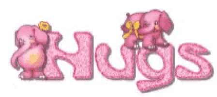 two pink elephants are sitting on top of the word hugs