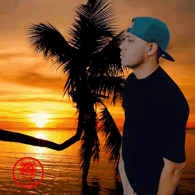 a man wearing a blue hat stands in front of a sunset