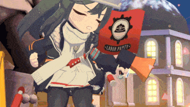 a girl in a video game holding a red flag that says labor party