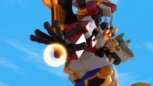 a robot is flying through the air with a blue sky in the background and a circle in the middle .