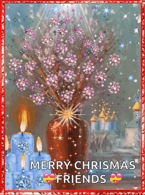 a christmas card with a vase of flowers and candles and the words merry christmas friends .