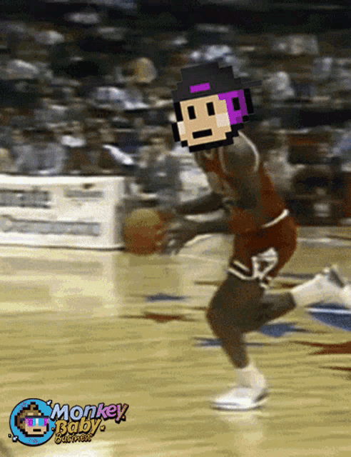 a basketball player with a pixelated face on his head and monkey baby written on the bottom