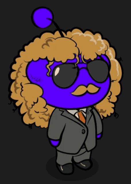 a cartoon drawing of a purple character with curly hair and sunglasses