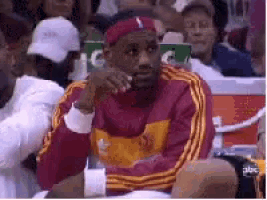 lebron james is sitting in the stands at a basketball game wearing a red and yellow adidas jacket .