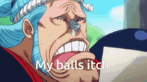 a cartoon of a man with a whistle in his nose that says my balls itch