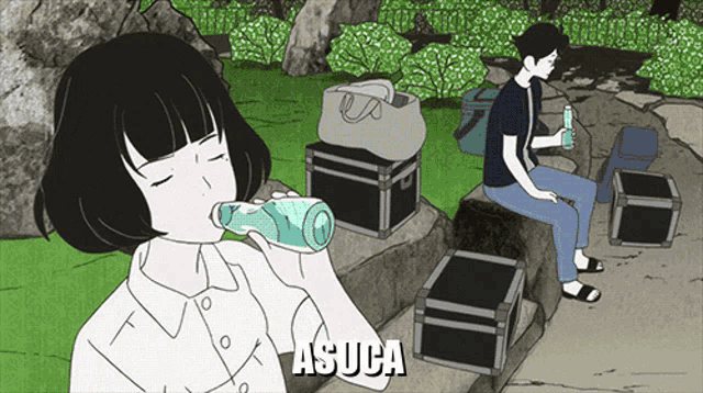 a cartoon of a girl drinking from a bottle with the word asuca on the bottom right
