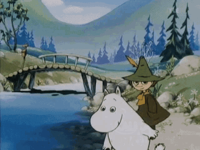 a cartoon character with a feather on his hat is standing next to a white animal