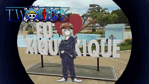 a cartoon character stands in front of a sign that says two pieces