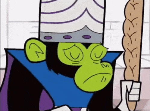 a cartoon character is holding a loaf of bread and making a face