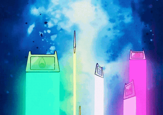 a drawing of a blue sky with a few buildings