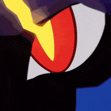 a close up of a cartoon character 's eye with a yellow and red stripe