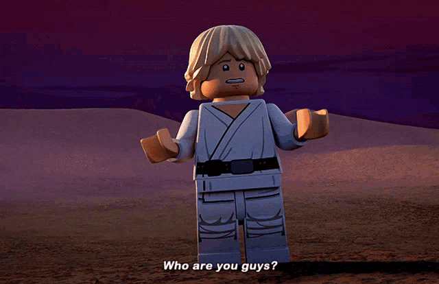 a lego character says " who are you guys " in the desert