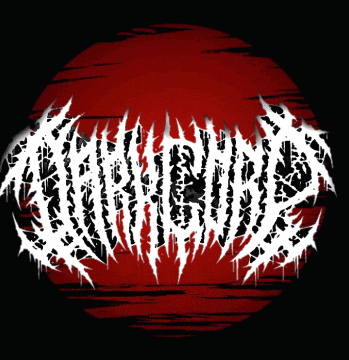 a black and white logo for a band with a red circle in the background