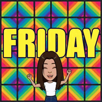 a cartoon woman is standing in front of a colorful background with the word friday