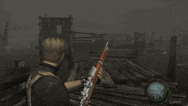 a video game character named leon is holding a rifle in front of an explosion